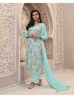 Seerat - Turquoise Meena Jacquard Kurta with Pant and Hand Work Dupatta (Set of 3)
