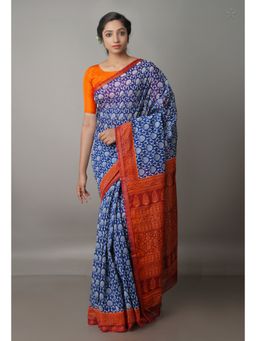 Unnati Silks - Navy Blue Screen Printed Chanderi Sico Saree with Unstitched Blouse