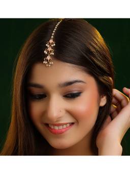 Ruby Raang Studio - White Gulabo Tikka Pink Enamel Flower Maang Tikka