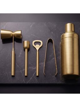 Car-O-Bar - Gold Solid Stainless Steel Cocktail Shaker, Muddler, Opener, Ice Tong and Jigger