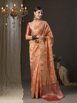 Akhilam - Womens Organza Peach Woven Design Designer Saree with Unstitched Blouse