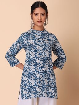 Indya - Blue Floral Print Mirror Embroidered Rayon Top