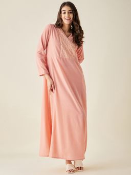 The Kaftan Company - Peach Velvet Nightdress With Lace