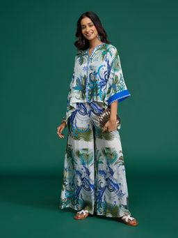 Gajra Gang - Citrus Sorbet White Rayon Printed Kaftan Shirt & Flare Pant (Set of 2)