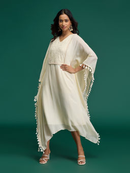 Gajra Gang - Citrus Sorbet Off White Chinon Tassel Embellished Kaftan with Slip (Set of 2)