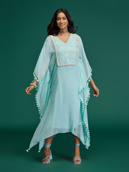 Gajra Gang - Citrus Sorbet Aqua Blue White Chinon Tassel Embellished Kaftan with Slip (Set of 2)