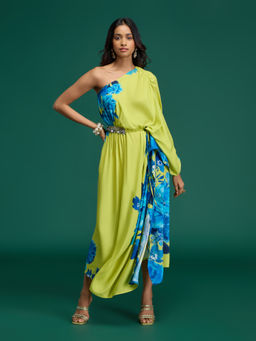 Gajra Gang - Floral Print Citrus Sorbet Lime Rayon One Shoulder Midi Dress