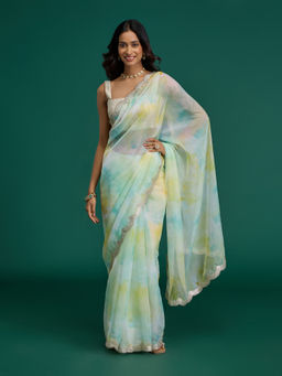 Gajra Gang - Citrus Sorbet Lime Green Organza Tie Dye Saree without Blouse