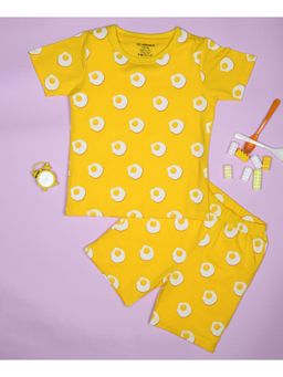 Be Awara - Half Sleeves Cotton T-shirt & Shorts Eggs Print Yellow (Set of 2)