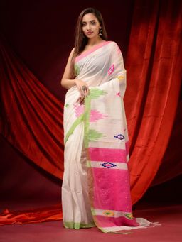 CHARUKRITI - Off White Cotton Silk Handwoven Ethnic Motifs & Sequin Pallu Saree with Unstitched Blouse