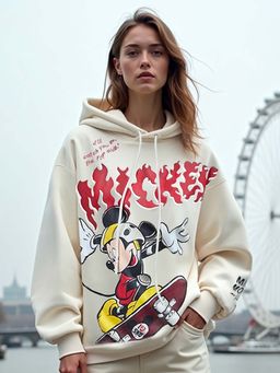 Bewakoof - Heavy Duty 1.0 Disney Women's Gardenia Skater Mickey Graphic Printed Oversized Hoodies