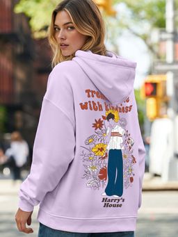 Bewakoof - Women's Purple Treat People With Kindness Graphic Printed Oversized Hoodies