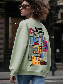 Bewakoof - Women's Green Youth Culture Graphic Printed Oversized Sweatshirt