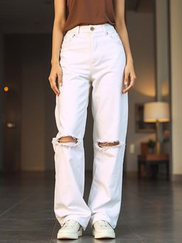 Bewakoof - Women's White Baggy Distressed Wide Leg Jeans