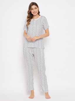 Clovia - Geometric Print Top & Pyjama in White Pure Cotton (Set of 2)