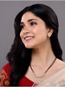 Saraf RS Jewellery - Gold & Black Beads Ad Studded Mangalsutra Pendant And Earrings Set