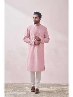Manyavar - Pink Blended Cotton Embroidery Kurta Pencil Pyjama Set (Set of 2)
