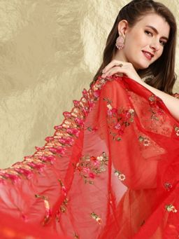 Dupatta Bazaar - Women's Red Floral Embroidered Organza Dupatta