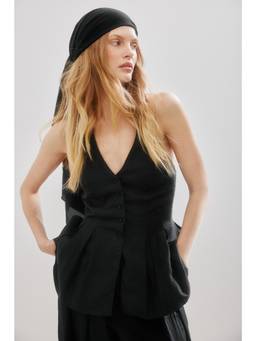 NA-KD - Linen Lyocell Blend Halter neck Vest Top-Black
