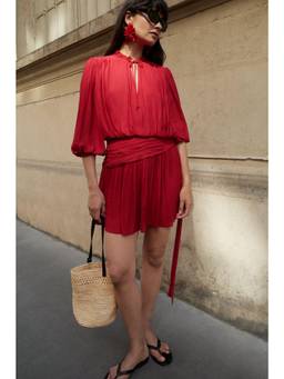 NA-KD - Short Sleeve Tie Waist Mini Dress-Red