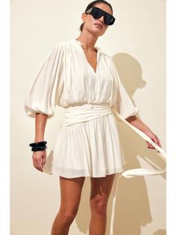 NA-KD - Short Sleeve Tie Waist Mini Dress-Cream