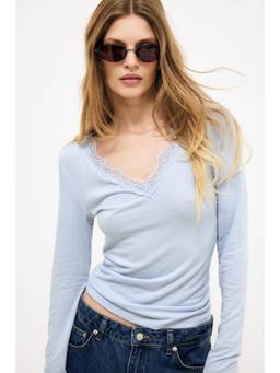 NA-KD - Long Sleeve Lace Insert Jersey Top-Light Blue