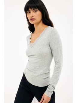 NA-KD - Long Sleeve Lace Insert Jersey Top-Grey Melange