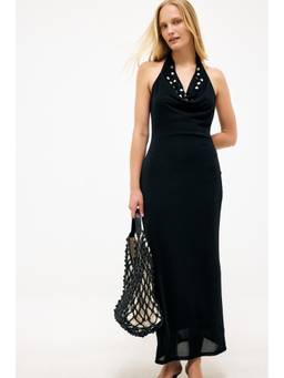 NA-KD - Halter neck Button Maxi Dress-Black