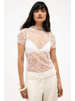 NA-KD - Short Sleeve Lace Top-White