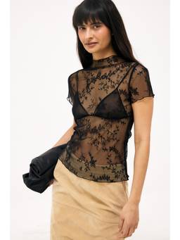 NA-KD - Short Sleeve Lace Top-Black
