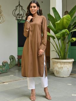 Lavanya The Label - Brown Rayon Solid Kurta With White Pants (Set of 2)