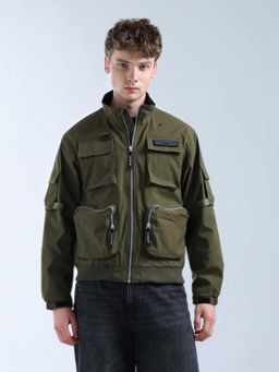 Flying Machine - Green Cargo Pocket High Neck Bomber Jacket