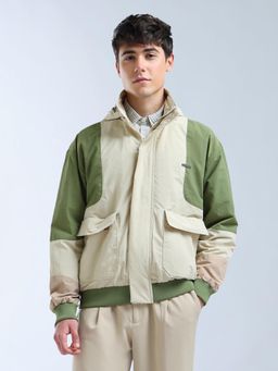 Flying Machine - Beige and Green Oversized Colour-Blocked Bomber Jacket