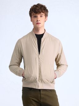 Flying Machine - Beige Solid Stand Collar Bomber Jacket