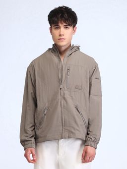 Flying Machine - Taupe Solid Hooded Multi-Pocket Jacket