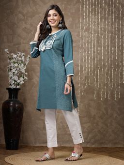 Nayam by lakshita - Women Teal Cotton Linen A-Line Kurti