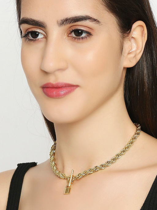OOMPH Gold Tone Thick Interwoven Link Chain with Lock Design Choker Necklace