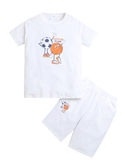 ZIP ZAP ZOOP - White Football & Basketball Printed T-Shirt & Shorts (Set of 2)
