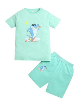 ZIP ZAP ZOOP - Light Green Half Sleeve Surfing Shark Printed T-Shirt & Shorts (Set of 2)