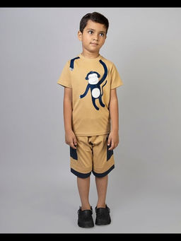 ZIP ZAP ZOOP - Beige Half Sleeve Hanging Monkey Printed T-Shirt & Shorts (Set of 2)