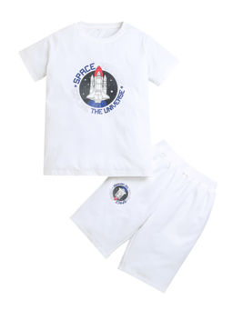 ZIP ZAP ZOOP - White Half Sleeve Space Mission Printed T-Shirt & Shorts (Set of 2)