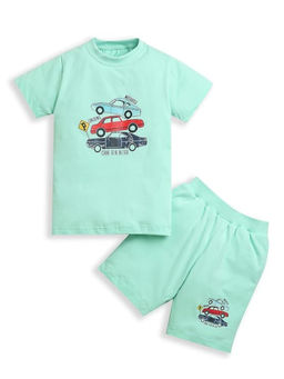 ZIP ZAP ZOOP - Light Green Half Sleeve 3 Car Printed Cotton T-Shirt & Shorts (Set of 2)