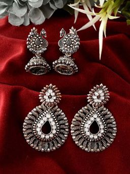 Silvermerc Designs - Silver Toned Contemporary Oxidised Jhumka Earrings (Pack of 2)