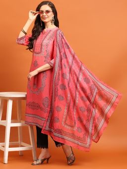 Shree - Women Muslin Coral Ornamental Printed Kurta Trouser Dupatta (Set Of 3)