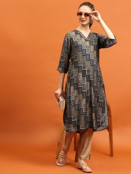 Shree - Women Rayon Navy Blue Abstract Printed Kurta