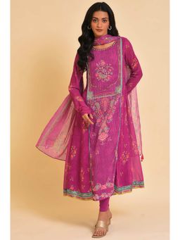 WISHFUL by W - Dark Pink Sequined Anarkali Kurta, Leggings and Dupatta Set