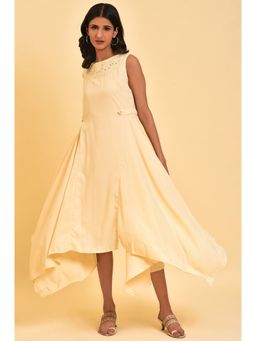 W - Ecru Sleeveless Asymmetrical Embroidered Dress