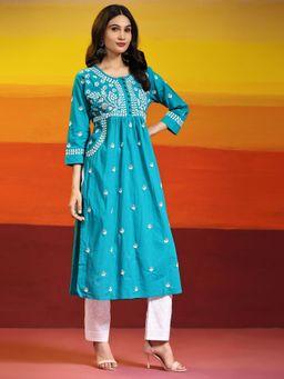 HOUSE OF KARI - Samma Chikankari Long Kurta in Cotton for Women-Sea Green