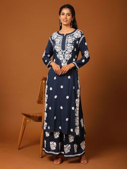 HOUSE OF KARI - Samma Chikankari Palazzo in Modal Cotton for Women-Navy Blue (Set of 2)