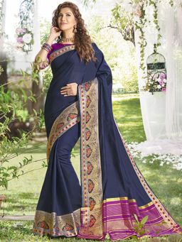 Sangam Prints - Navy Blue Khadi Silk Woven Work Traditional Saree with Unstitched Blouse